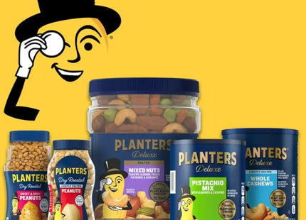 a group of nuts and nuts in a jar with a man in a top hat