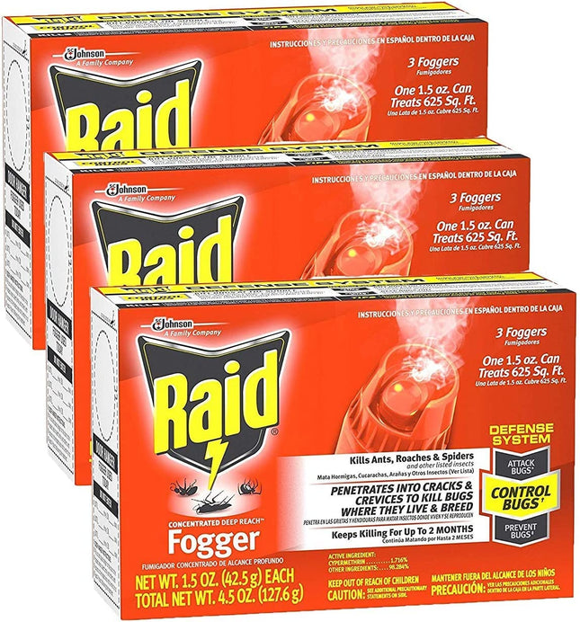 Raid Concentrated Deep Reach Pest Killer & Roach Fogger Aero 3 x 1.5oz (3 Pack) - Household Supplies > Insect Grub