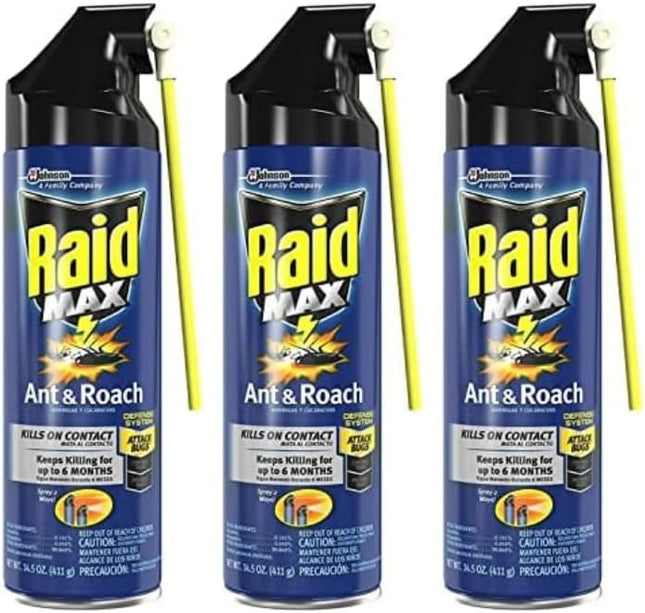 Raid Max Ant and Roach Insecticide Insect Killer Spray Aerosol 14.5oz (3 Pack) - Household Supplies > & Grub Control