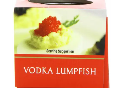 a close up of a box of vodka lumpfish with a red cavia