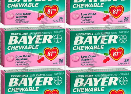 Bayer Chewable Aspirin Regimen Low Dose Pain Reliever Tablets 81mg Cherry 36 Ct (Pack Of 12)