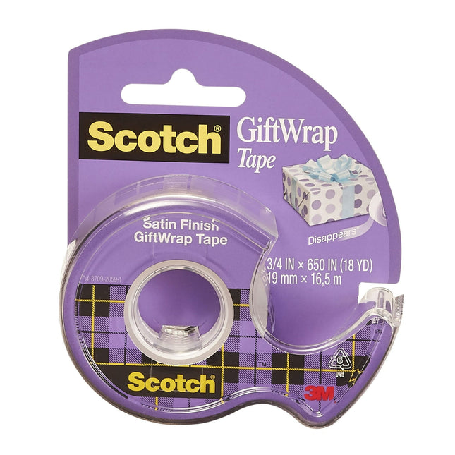 Scotch Gift Wrap Tape Invisible 0.75 in. x 650 in 1 Roll & Dispenser (12 Pack) - Office Supplies > Stationery