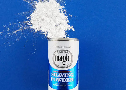 a can of white powder on a blue background