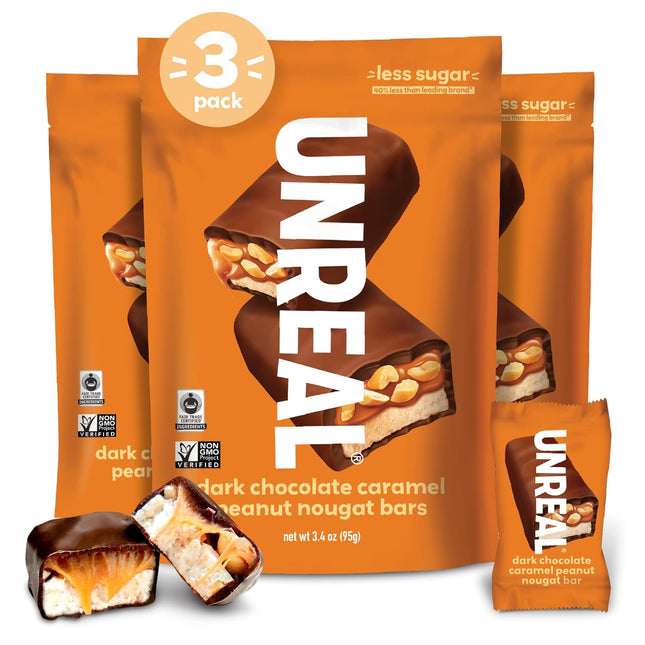 Unreal Dark Chocolate Caramel Peanut Nougat Bar Non-gmo Candy 3.4oz (3 Pack) - Food & Beverages > Sweets Assortments