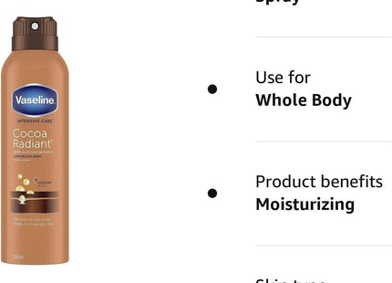 Vaseline Intensive Care Radiant Spray Moisturizer Cocoa Butter 6.5oz (2 Pack) - Personal > Skin Lotion &