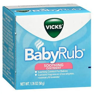 a close up of a box of baby rub on a white background