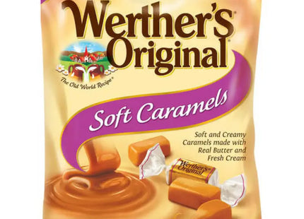 a close up of a bag of soft caramels on a white background