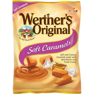 a close up of a bag of soft caramels on a white background