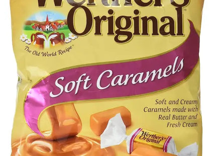 a close up of a bag of soft caramels on a white background