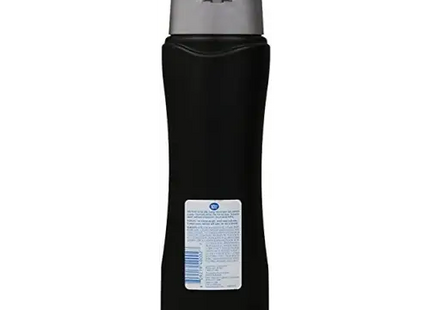 a black and gray water bottle with a white label