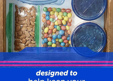 a blue container filled with candy and candys
